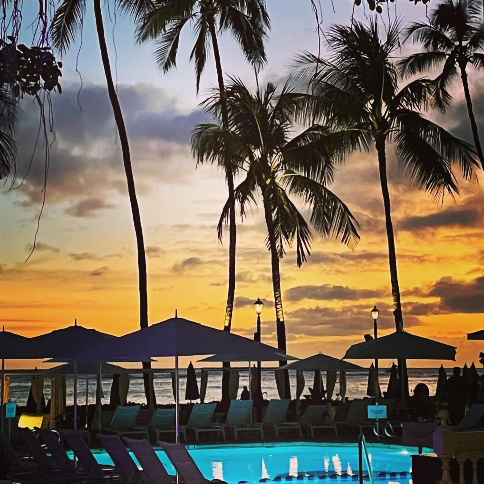 Waikiki Hawaii sunset view from Moana Surfrider Hotel