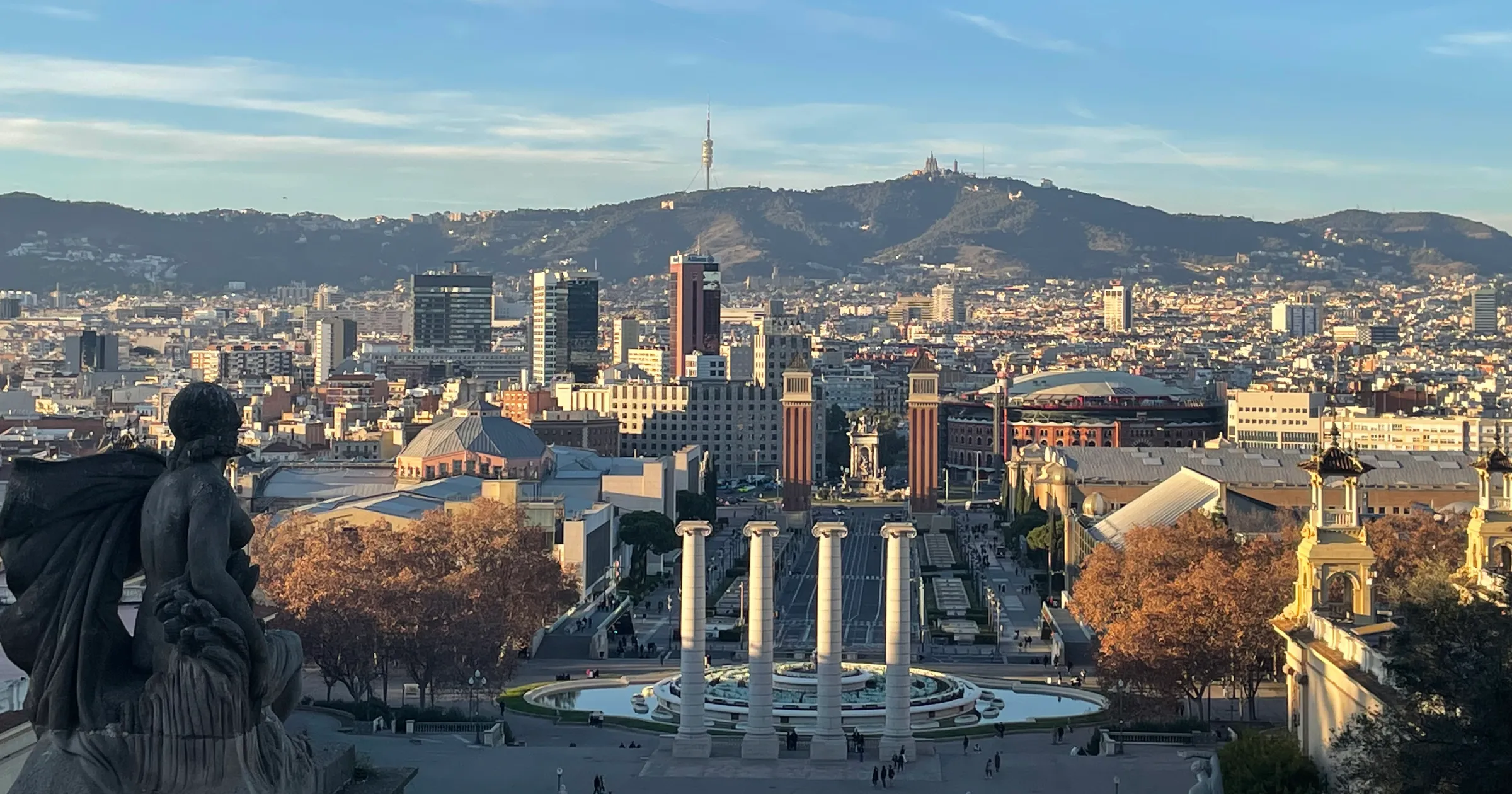 Barcelona Travel Tips city view from olympic park with four columns in the foreground