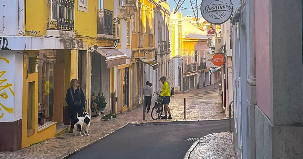 Lagos Portugal Street View with yellow buildings