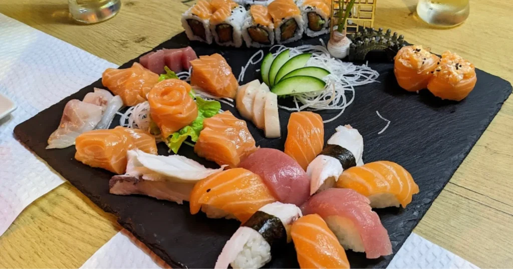 My Sushi in Lagos Portugal image of plate of sushi rolls and sashimi