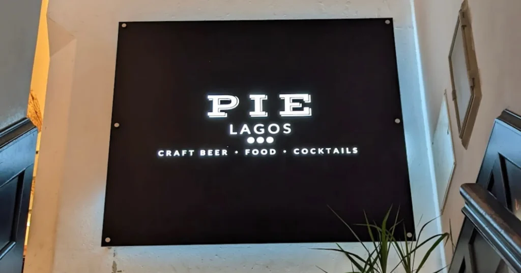 Pie Restaurant in Lagos Portugal Image of Pie Lagos sign with white lettering and black background