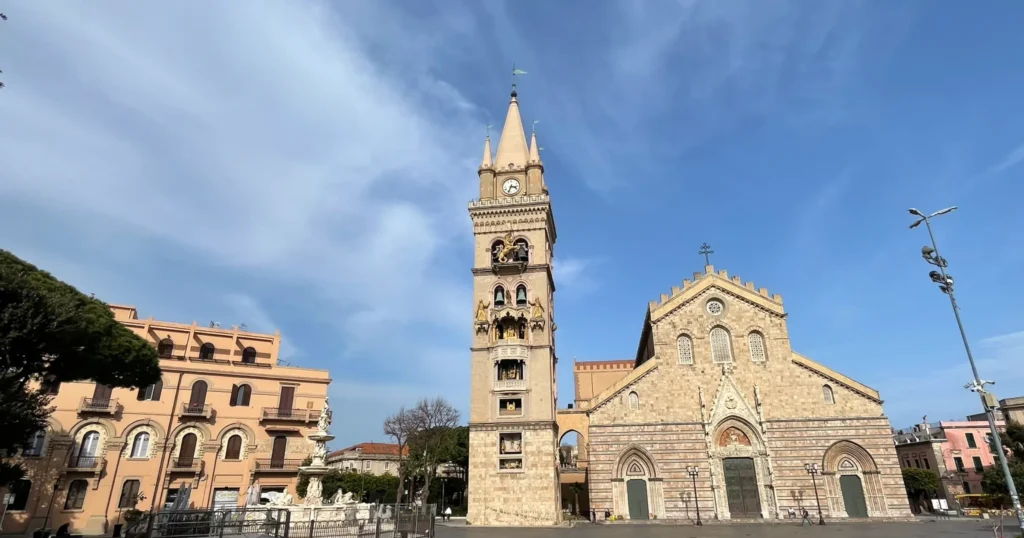View of astronomic clock tower and Messina Cathedral, Basilica Cathedral di Santa Maria Assunta