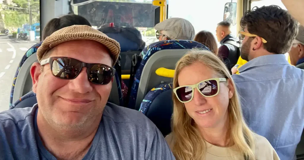 Two traveling after one bus selfie on the way to Amalfi