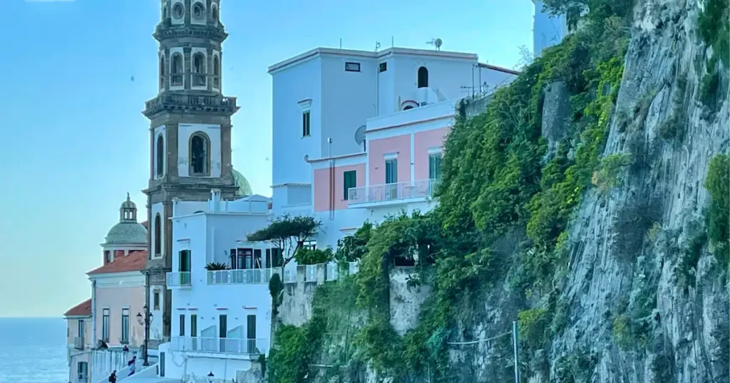 View of Amalfi with buildings and church steeple
