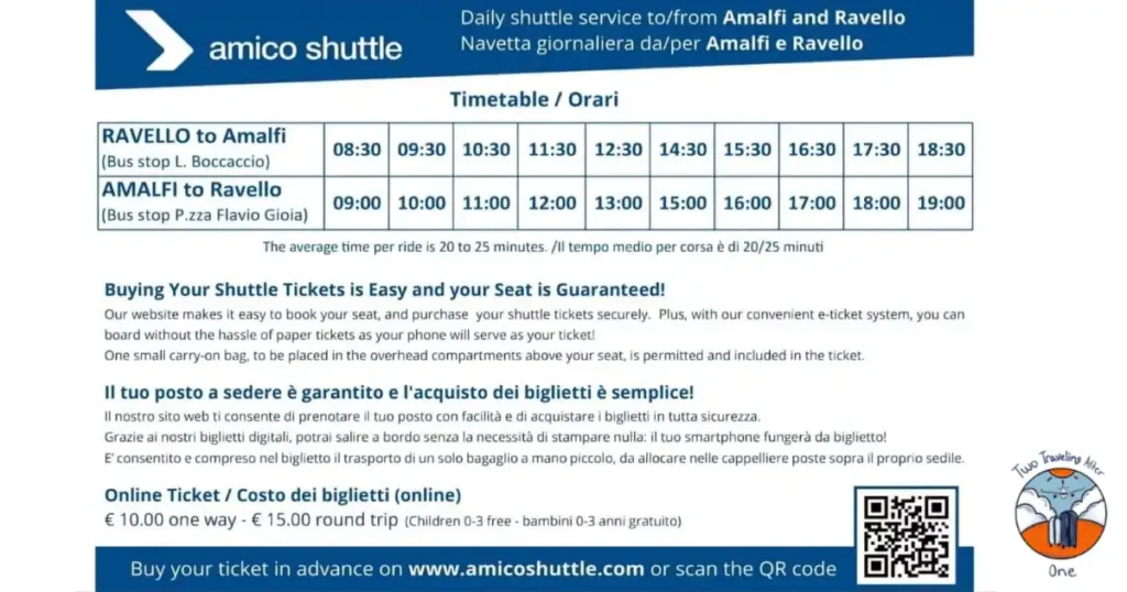 Amalfi to Ravello Amico Shuttle Schedule and website