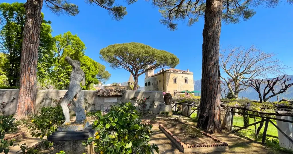 Villa Cimbrone view of manicured trees with the villa in the background