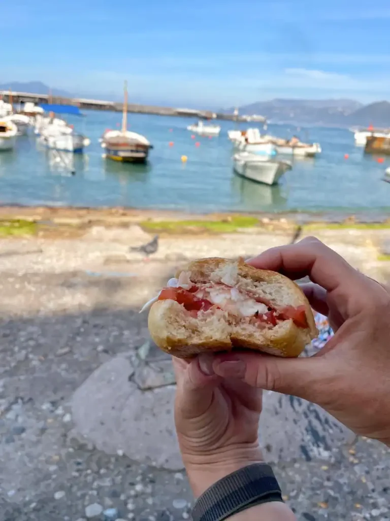 Caprese sandwich with beach in the background