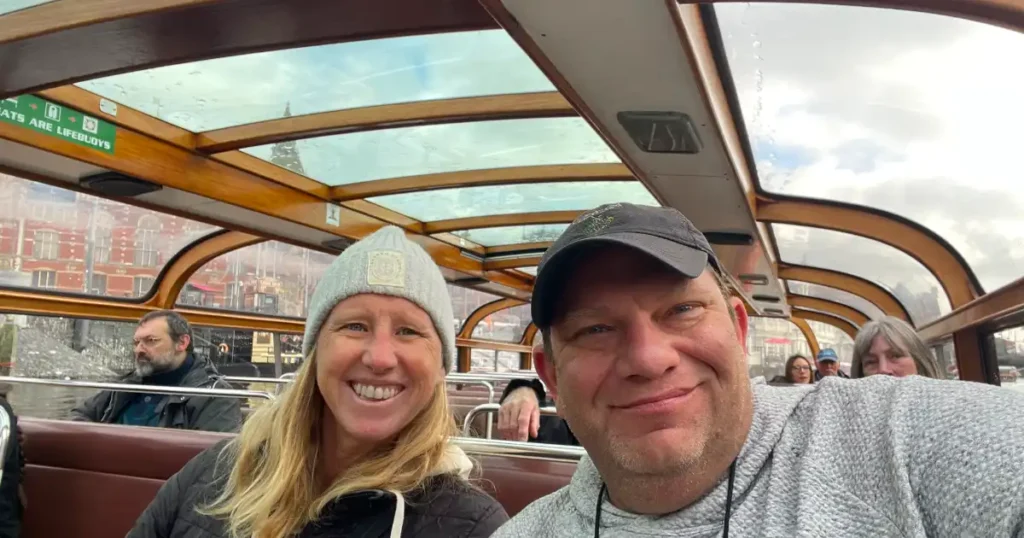 Two Traveling After One selfie on river boat cruise Amsterdam