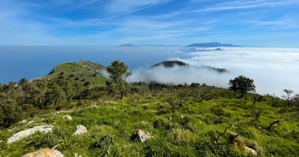 View from Mt Solaro of mountain top peaking through puffy clouds