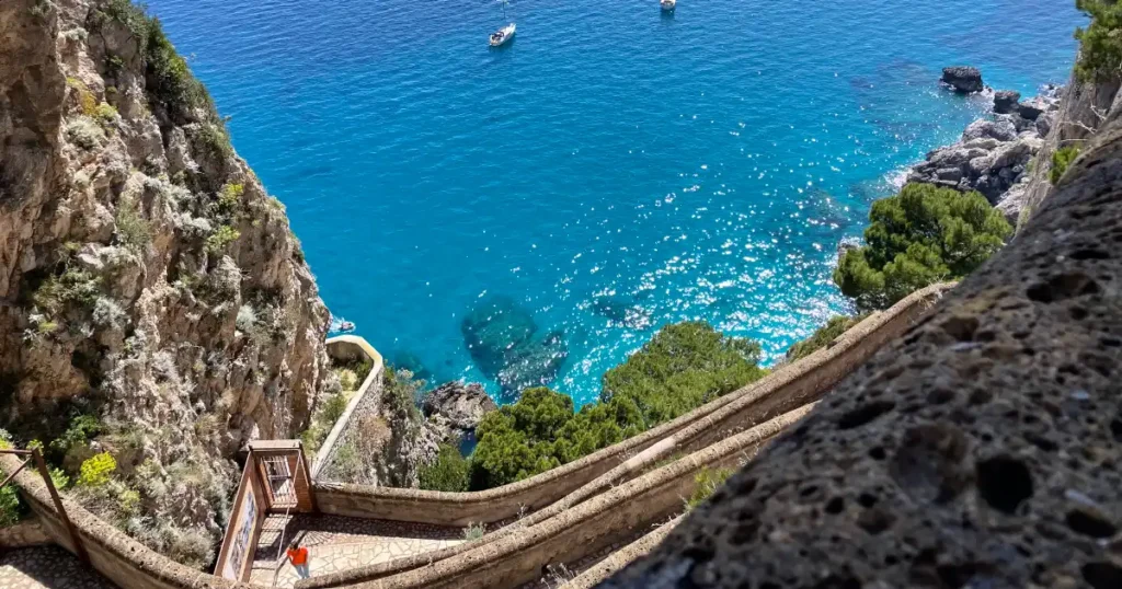 View of clear blue water looking down from the top of via krupp