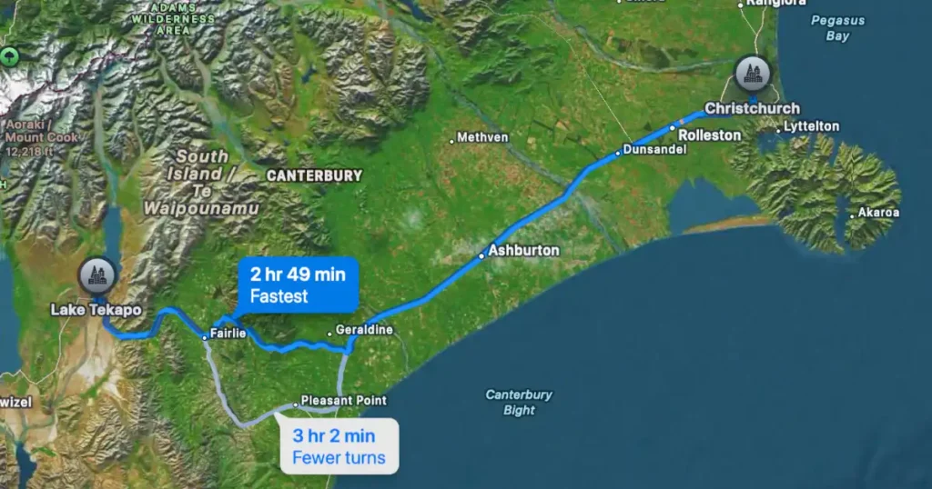 New Zealand Drives: Map of Christchurch to Lake Tekapo drive