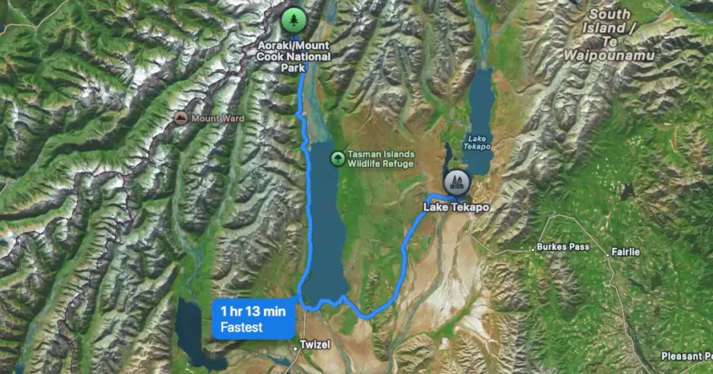 New Zealand Drives: Map of Lake Tekapo to Mount Cook Village