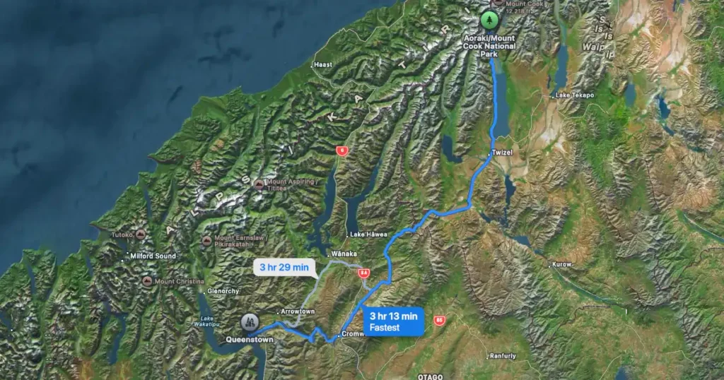 New Zealand Drives: Map of Mount Cook to Queenstown