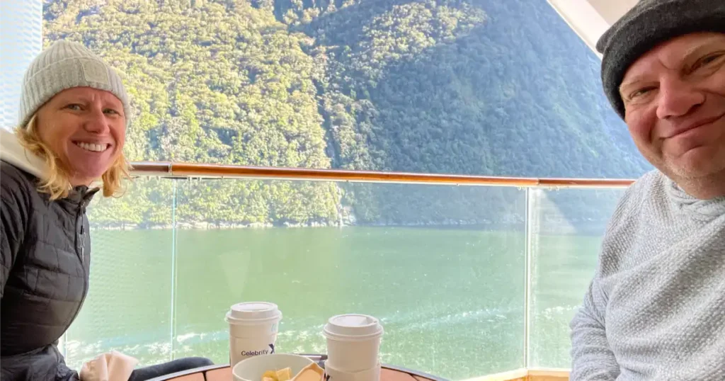 Two Traveling Selfie breakfast on balcony on New Zealand Fjord cruise