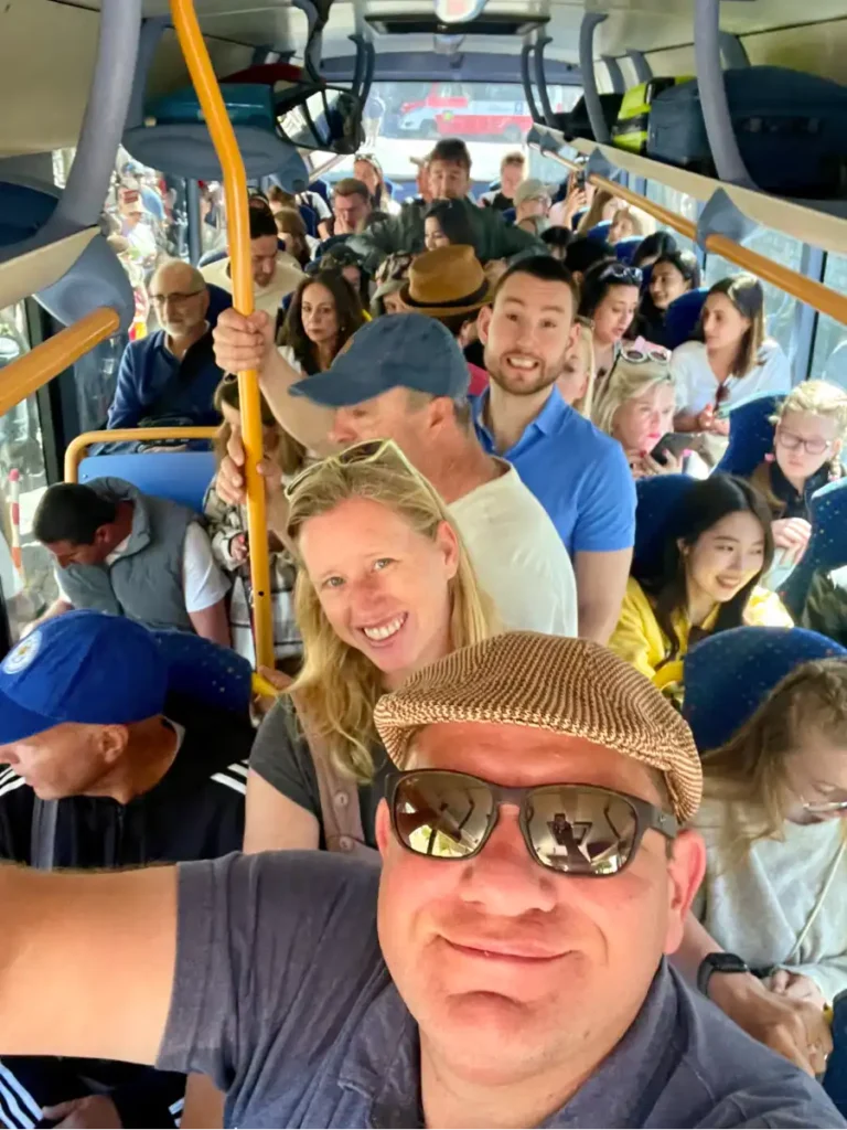 Amalfi Coast busy bus selfie with photo bomber