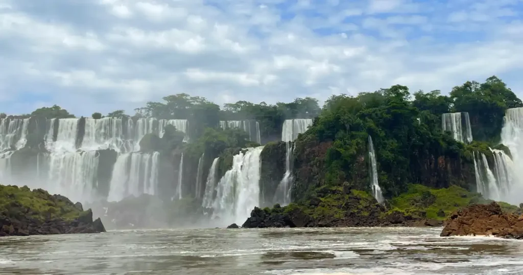 Approaching Iguazu Falls on a small boat as part of a Brazillian side boat excursion