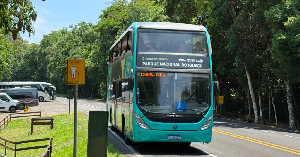 Bus in the fall on Brazil side Iguazu Falls pulling up to bus stop