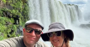 Close Up selfie of Iguazu Falls of Meghan and Dan on Brazillian Side on lookout Platform