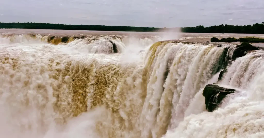 Close up view of Iguazu Falls from walkway of Devils throat