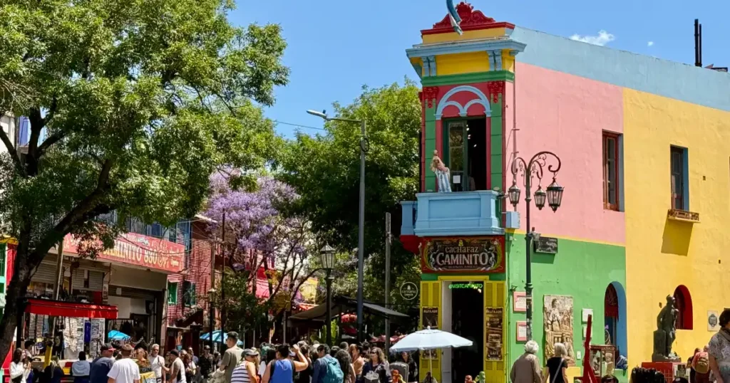 Busy day in La Boca Buenos Aires with colorful buildings and lots of people