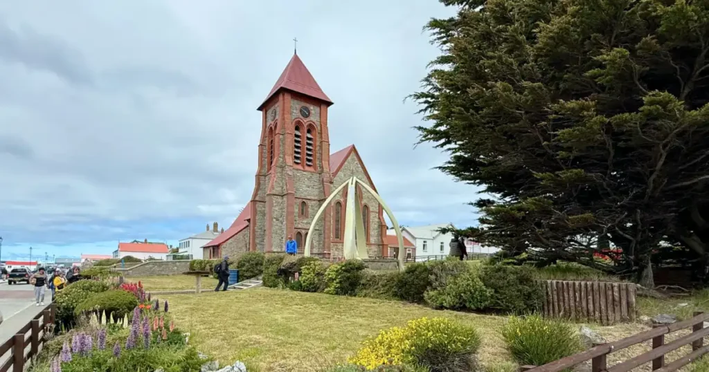 Christ Church Cathedral and Whale Bone Arch on a cloudy day in the Falkland Islands