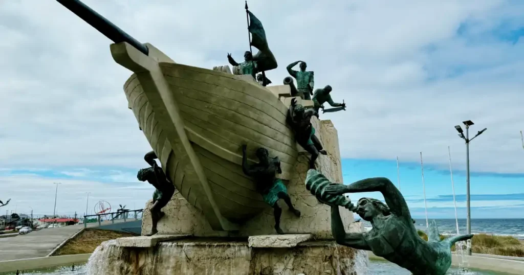 Monument to Maritime community in Punta Arenas Chile on a cold and cloudy day