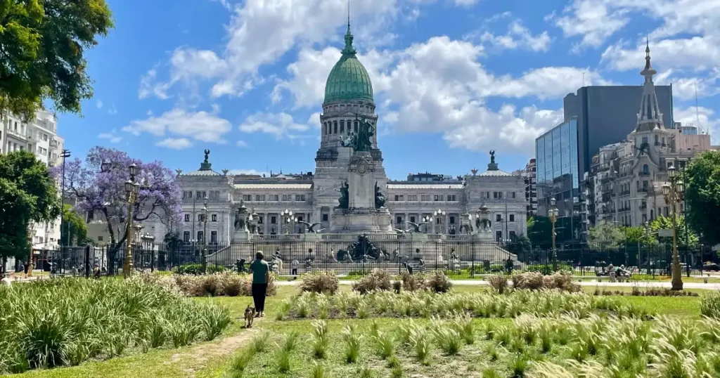 Plaze Congreso on a beautiful day with the image of the ornate building in the background