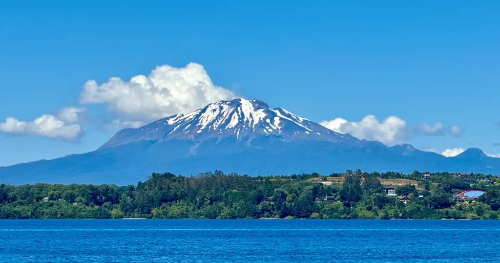 View of Orsono Volcano in Chile looking out from Puerto Varas Covered with Snow