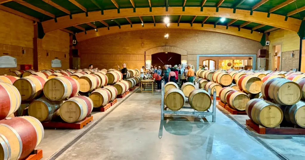 Wine tasting in Casablanca Chile with many casks and people gathering around